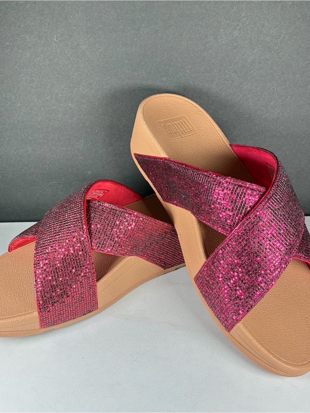 Fitflop Lulu Glitterball Cross Sandal Slides in Wild Raspberry Crystal Metallic